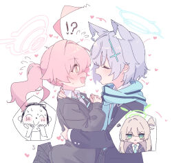 Rule 34 | !?, 1boy, 3girls, @ @, ahoge, animal ear fluff, animal ears, black jacket, black skirt, blazer, blue archive, blue halo, blue scarf, blush, cardigan, closed eyes, closed mouth, collared shirt, cross hair ornament, doodle sensei (blue archive), extra ears, fang, green eyes, green halo, grey cardigan, grey hair, hair between eyes, hair ornament, halo, heart, highres, hoshino (blue archive), jacket, jaggy lines, light brown hair, long hair, long sleeves, multiple girls, nonomi (blue archive), open clothes, open jacket, open mouth, pink hair, pink halo, pleated skirt, pout, ruten (onakasukusuku), scarf, sensei (blue archive), shiroko (blue archive), shiroko (young) (blue archive), shirt, short hair, simple background, skirt, white background, white shirt, wolf ears, yellow eyes, yuri