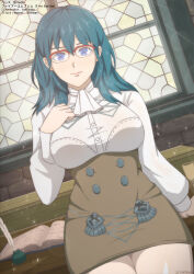 Rule 34 | 1girl, absurdres, ascot, blue eyes, blue hair, book, breasts, brown skirt, buttons, byleth (female) (fire emblem), byleth (fire emblem), closed mouth, commission, fire emblem, fire emblem: three houses, garreg mach monastery uniform, glasses, highres, indoors, large breasts, long hair, long sleeves, looking at viewer, nintendo, red-framed eyewear, skirt, smile, solo, table, tak0baka, white ascot