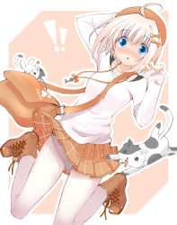 Rule 34 | !, !!, 1girl, ahoge, bag, blue eyes, blush, boots, cat, clothes lift, colorized, cross-laced footwear, eo (3ten1415), hageruma, hat, highres, jewelry, key, key necklace, lace-up boots, necklace, original, pan (mimi), panties, panties under pantyhose, pantyhose, pantyshot, short hair, skirt, solo, underwear, upskirt, white panties, white pantyhose