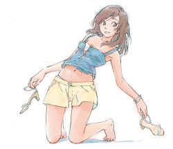 Rule 34 | 1girl, barefoot, brown eyes, brown hair, feet, female focus, full body, high heels, hiramatsu sadashi, hiramatsu tadashi, holding, holding shoes, kneeling, original, shoes, short shorts, shorts, simple background, solo, unbuttoned, white background