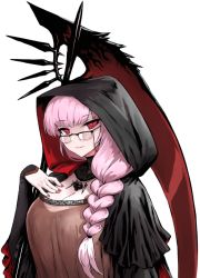 Rule 34 | 1girl, black sleeves, braid, braided ponytail, breasts, cleavage, concept art, glasses, hand on own chest, haraya manawari, hololive, hololive english, hood, large breasts, mamamori, mature female, mature female, nail polish, pink hair, ponytail, red eyes, red nails, scythe, smile, solo, virtual youtuber, witch