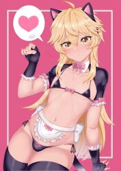 Rule 34 | 1boy, aether (genshin impact), animal ears, apron, bishounen, black gloves, black thighhighs, blonde hair, bow, cat ears, fingerless gloves, genshin impact, gloves, hajiwan001, highres, long hair, maid apron, male focus, navel, pink bow, solo, stomach, testicles, thighhighs, trap, underwear, yellow eyes