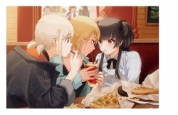 Rule 34 | 1other, 5girls, cola, cup, dated, denim, denim jacket, disposable cup, drinking, drinking straw, eye contact, facing another, food, idolmaster, idolmaster shiny colors, indoors, izumi mei, jacket, looking at another, looking at food, mayuzumi fuyuko, multiple girls, nail polish, photo-referenced, photo (object), pizza, pizza slice, restaurant, serizawa asahi, sleeves rolled up, straylight (idolmaster), sugar rush, twintails, two side up, upper body