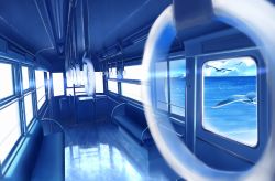 Rule 34 | bird, blue theme, cloud, commentary, day, highres, horizon, no humans, ocean, original, perspective, reflection, scenery, seagull, see-through, sunlight, train, train interior, water