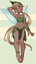 Rule 34 | 1girl, arm behind head, arm up, armpits, barefoot, breasts, commentary, dark-skinned female, dark skin, english commentary, fairy, fairy wings, feet, full body, green eyes, highres, leaf, leaf clothing, leaf on head, light brown hair, long hair, low ponytail, malberrybush, midriff, navel, original, parted lips, pointy ears, simple background, small breasts, solo, toes, very long hair, wings