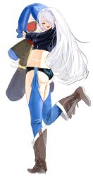 Rule 34 | 1girl, angel (kof), ass, blue eyes, boots, cropped jacket, dan koflove, highres, krohnen, long hair, solo, stuffed toy, the king of fighters, the king of fighters xv, white background, white hair