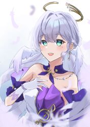 Rule 34 | 1girl, :d, aqua eyes, bare shoulders, choker, commentary, dress, gloves, grey hair, hair intakes, head wings, highres, honkai: star rail, honkai (series), long hair, looking at viewer, open mouth, purple choker, robin (honkai: star rail), ruuna (runa runacat), smile, solo, strapless, strapless dress, upper body, very long hair, white dress, white gloves, wings
