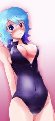 Rule 34 | 1girl, arms behind back, blue eyes, blue hair, blush, breasts, cleavage, collarbone, covered erect nipples, covered navel, cowboy shot, dorian, embarrassed, female focus, front zipper swimsuit, frown, gradient background, heterochromia, highres, large breasts, looking at viewer, matching hair/eyes, meme attire, one-piece swimsuit, pink background, red eyes, short hair, shy, solo, sweatdrop, swimsuit, tatara kogasa, touhou, unzipped