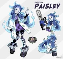 Rule 34 | 1girl, arm up, bag, black bag, black footwear, black pants, black vest, blue eyes, blue hair, boots, bow, buttons, chain, chainsaw, coat, donuttypd, earrings, finger to mouth, ghost, ghost girl, glasses, hand in pocket, hand up, holding, holding bag, holding chainsaw, holes, image sample, jewelry, lab coat, long hair, looking at object, looking at viewer, looking away, looking up, mole, monster girl, nail polish, necktie, open mouth, original, paisley (donuttypd), pants, plaid, plaid skirt, pleated skirt, pocket, purple necktie, purple skirt, ring, round eyewear, school, school uniform, sharp teeth, skirt, smile, striped, striped background, teeth, twitter sample, vest, white bow