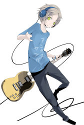 Rule 34 | 1boy, bad id, bad pixiv id, bracelet, brown hair, cable, clothes writing, green eyes, guitar, headphones, holding, instrument, jewelry, looking at viewer, male focus, original, pants, rca, shirt, short hair, short sleeves, simple background, solo, standing, t-shirt, white background