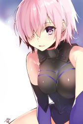 Rule 34 | 1girl, :d, black leotard, blue background, breasts, breasts apart, detached sleeves, fate/grand order, fate (series), hair over one eye, leotard, long sleeves, looking at viewer, manyako (mohumohu), mash kyrielight, medium breasts, open mouth, pink hair, purple eyes, short hair, sitting, smile, solo, two-tone background, white background