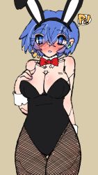 Rule 34 | 1girl, android, animal ears, aoba (aunana), barcode, black leotard, blue eyes, blue hair, blush, bow, bowtie, breasts, cuffs, cyborg, empty eyes, eyes visible through hair, fake animal ears, fishnet pantyhose, fishnets, highres, joints, large breasts, leotard, mind control, miyuki mama, pantyhose, playboy bunny, rabbit ears, robot joints, strapless, strapless leotard