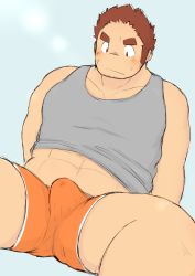 Rule 34 | 1boy, 3c pan, arms behind back, bara, blush, brown hair, bulge, cum, cum in clothes, erection, erection under clothes, facial hair, facial scar, feet out of frame, grey tank top, tamamura gunzo, highres, large pectorals, long sideburns, looking at bulge, looking down, male focus, male underwear, midriff peek, muscular, muscular male, no pants, orange male underwear, pectorals, precum, scar, scar on cheek, scar on face, short hair, sideburns, solo, spiked hair, spread legs, stubble, tank top, thick eyebrows, thick thighs, thighs, tokyo houkago summoners, underwear
