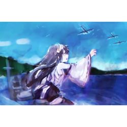 Rule 34 | 10s, 1girl, aircraft, airplane, b-29, b-29 superfortress, gradient background, haruna (kancolle), kantai collection, lowres, mountain, smoke, solo, sowamame, thighhighs, water, world war ii