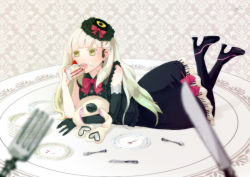 Rule 34 | 1girl, bad id, bad pixiv id, blonde hair, boots, bow, bowtie, cake, dress, elbow gloves, food, fork, fruit, gloves, green eyes, high heels, knife, lying, mayu (vocaloid), on stomach, open mouth, pantyhose, plate, shoes, solo, strawberry, stuffed animal, stuffed rabbit, stuffed toy, usano mimi, vocaloid, y8dm