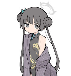 Rule 34 | 1girl, black dress, black hair, blue archive, breasts, china dress, chinese clothes, closed mouth, coat, double bun, dragon print, dress, fusazakura, grey eyes, hair bun, halo, highres, kisaki (blue archive), long hair, long sleeves, off shoulder, open clothes, open coat, simple background, sleeveless, sleeveless dress, small breasts, solo, twintails, upper body, very long hair, white background