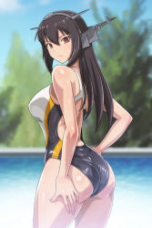 Rule 34 | 1girl, ass, back cutout, bare arms, bare shoulders, black hair, black one-piece swimsuit, breasts, closed mouth, clothing cutout, commentary request, competition swimsuit, cowboy shot, day, from behind, hand on own hip, headgear, kantai collection, large breasts, long hair, looking at viewer, looking back, monteriakitto, nagato (kancolle), one-piece swimsuit, outdoors, pool, poolside, red eyes, shiny clothes, shiny skin, solo, swimsuit, tree, water