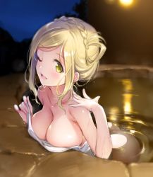 Rule 34 | 10s, 1girl, ;d, ass, blonde hair, blush, braid, breast rest, breasts, cleavage, commentary request, covering privates, crown braid, french braid, large breasts, looking at viewer, love live!, love live! sunshine!!, mignon, naked towel, night, night sky, nude, nude cover, ohara mari, one eye closed, onsen, open mouth, outdoors, partially submerged, sky, smile, solo, steam, towel, wet, yellow eyes