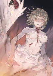 Rule 34 | 1girl, amenomuri, blood, blood on mouth, breasts, dungeon meshi, falin touden, falin touden (chimera), feathered wings, highres, looking at viewer, medium breasts, medium hair, monster girl, navel, solo, white wings, wings, yellow eyes
