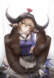Rule 34 | 1girl, :o, absurdres, animal ears, arknights, black footwear, black gloves, black pantyhose, blue gloves, blush, breasts, brown hair, cow ears, cow girl, cow horns, feet, gloves, green eyes, grey skirt, hair between eyes, highres, horns, legs up, long hair, looking at viewer, miniskirt, onedr, pallas (arknights), panties, panties under pantyhose, pantyhose, parted lips, purple shirt, shirt, shoes, unworn shoes, short sleeves, simple background, sitting, skirt, small breasts, soles, solo, spread legs, thighband pantyhose, toes, two-tone gloves, underwear, upskirt, veil, white background, white panties