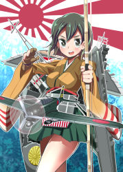 Rule 34 | 10s, 1girl, aircraft, airplane, archery, arrow (projectile), asymmetrical hair, bow (weapon), breasts, brown eyes, brown hair, flight deck, gloves, hiryuu (kancolle), japanese clothes, japanese flag, kantai collection, kyuudou, long sleeves, medium breasts, nakajima b5n, open mouth, partially fingerless gloves, partly fingerless gloves, personification, quiver, ribbon, rising sun flag, shiden (sashimi no wife), short hair, side ponytail, single glove, skirt, smile, sunburst, torpedo, weapon, wide sleeves, yugake