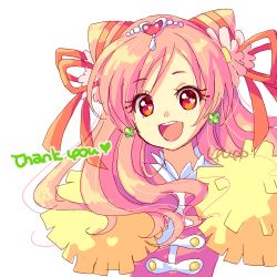 Rule 34 | 1girl, :d, artist name, cheerleader, close-up, commentary request, cone hair bun, cure yell, earrings, english text, eyelashes, flower, hair bun, hair flower, hair ornament, hair ribbon, heart, heart hair ornament, highres, hugtto! precure, jewelry, lipstick, long hair, looking at viewer, magical girl, makeup, nono hana, open mouth, pink eyes, pink hair, pom pom (cheerleading), precure, ribbon, round teeth, signature, simple background, sketch, smile, solo, teeth, thank you, upper body, upper teeth only, white background, yupo (yupo4069)