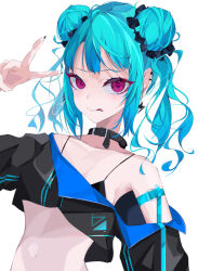 Rule 34 | 1girl, absurdres, aqua hair, artist name, black choker, chinese text, choker, commentary, double bun, earrings, goma irasuto, hair bun, highres, jewelry, looking at viewer, original, pink hair, signature, simple background, simplified chinese text, sky, smile, solo