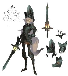 Rule 34 | 1girl, absurdres, animal ears, armor, armored boots, boots, breastplate, faulds, full armor, full body, gauntlets, ghost (tama), glowing, glowing eyes, greaves, grey background, grey hair, hair between eyes, hand on own hip, helmet, highres, holding, holding sword, holding weapon, long hair, armored boots, original, pauldrons, shoulder armor, standing, sword, tail, weapon, wolf ears, wolf tail