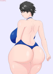 Rule 34 | absurdres, artistdex, ass, back, backboob, bayonetta, bayonetta (series), bayonetta 1, bayonetta 2, black hair, blue eyes, blue one-piece swimsuit, breasts, female focus, glasses, highres, huge ass, huge breasts, large breasts, long hair, one-piece swimsuit, short hair, simple background, solo, swimsuit