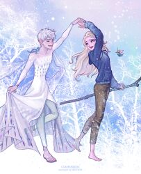 Rule 34 | 1boy, 1girl, artist name, barefoot, bird, blonde hair, blue eyes, blue hoodie, blue pants, brown pants, bruni (frozen), closed eyes, cosplay, costume switch, crossdressing, crossover, dress, elsa (frozen), elsa (frozen) (cosplay), english text, frozen (disney), holding hands, hood, hoodie, jack frost (rise of the guardians), jack frost (rise of the guardians) (cosplay), long hair, looking at another, open mouth, pants, rise of the guardians, salamander, sandals, seoyeon, short hair, staff, teeth, white dress, white hair