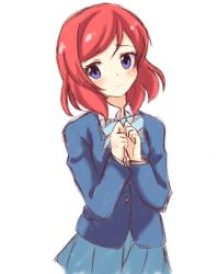 Rule 34 | 1girl, blue bow, blue jacket, blue skirt, blush, bow, closed mouth, hands up, jacket, light frown, looking away, looking to the side, love live!, love live! school idol project, massala, medium hair, nishikino maki, otonokizaka school uniform, own hands together, purple eyes, red hair, school uniform, shy, simple background, single bang, sketch, skirt, solo, striped, striped bow, white background, winter uniform