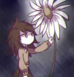 Rule 34 | 1girl, bags under eyes, brown hair, care (petscop), chromatic aberration, daisy, flower, messy hair, muted color, no mouth, pale skin, petscop, pulling, solo, wide-eyed, yatsunote