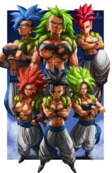 1girl abs absurdres alternate_hairstyle areola_slip black_eyes black_hair blue_hair boots breasts brown_fur crossed_arms doppelganger dragon_ball dragon_ball_gt dragon_ball_super earrings elite_nappa full_body fusion fusion_dance hand_on_fist highres jewelry kefla kefla_(dragon_ball) large_breasts long_hair muscular muscular_female nipple_slip nipples orange_hair pants red_eyes red_hair serious smile spiked_hair super_saiyan super_saiyan_3 super_saiyan_4 super_saiyan_blue super_saiyan_god tail teeth torn_clothes transformation vest