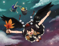 Rule 34 | 3girls, :d, ^ ^, arms up, barefoot, black hair, black wings, blonde hair, bloomers, blue hair, camera, cirno, closed eyes, cloud, embodiment of scarlet devil, closed eyes, female focus, flying, hand fan, hat, katari, multiple girls, night, night sky, open mouth, outstretched arms, red eyes, ribbon, rumia, shameimaru aya, shoot the bullet, short hair, sky, smile, spread arms, tokin hat, touhou, underwear, upside-down, wings