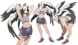 Rule 34 | 1girl, arms behind head, bare shoulders, black feathers, commentary, dolphin shorts, english commentary, eye symbol, feathered wings, feathers, grey shorts, hands on own legs, head wings, leaning forward, midriff, multiple views, navel, original, pikat, pointy ears, red footwear, shoelaces, shoes, shorts, simple background, sleeveless, sneakers, sports bra, sportswear, stretching, sweat, white background, white feathers, wings, yellow eyes