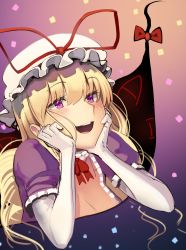 Rule 34 | 1girl, :d, absurdres, blush, boa (brianoa), bow, breasts, cleavage cutout, clothing cutout, dress, elbow gloves, gap (touhou), gloves, hair between eyes, hands on own face, hat, hat ribbon, highres, large breasts, looking at viewer, mob cap, neck ribbon, open mouth, puffy short sleeves, puffy sleeves, purple dress, purple eyes, red bow, red ribbon, ribbon, short sleeves, smile, solo, touhou, upper body, white gloves, white hat, yakumo yukari