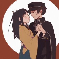 Rule 34 | 2girls, ace attorney, black cloak, black eyes, black hair, black headwear, black jacket, black pants, blue skirt, blush, circle, cloak, closed mouth, commentary request, crossdressing, eye contact, female focus, hair bun, hand on another&#039;s back, hat, highres, holding hands, jacket, japanese clothes, kimono, long hair, looking at another, military hat, multiple girls, pants, parted lips, ponytail, red background, rei membami, sanshuixi, sidelocks, single hair bun, skirt, sparkling eyes, susato mikotoba, the great ace attorney, the great ace attorney 2: resolve, two-tone background, white background, yellow kimono, yuri