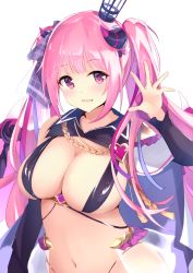 Rule 34 | 1girl, bikini, black bikini, blush, breasts, checkered ribbon, cleavage, commentary request, copyright request, cucchiore, hair ribbon, highres, horns, large breasts, long hair, long sleeves, looking at viewer, navel, pink eyes, revealing clothes, ribbon, see-through, simple background, single bare shoulder, smile, solo, swimsuit, tagme, twintails, waist cape, white background
