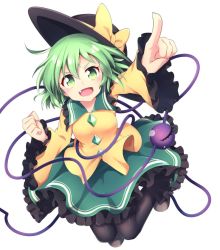 Rule 34 | 1girl, black footwear, black hat, black pantyhose, blouse, bow, clenched hand, fang, frilled skirt, frills, full body, green eyes, green hair, green skirt, hat, hat bow, komeiji koishi, long sleeves, miniskirt, nogisaka kushio, open mouth, pantyhose, pointing, shirt, shoes, simple background, skirt, smile, solo, third eye, touhou, white background, wide sleeves, yellow bow