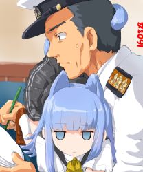 Rule 34 | 10s, 1boy, 1girl, admiral (kancolle), animal ears, black hair, blue eyes, blue hair, blunt bangs, cat, cat ears, cat tail, dated, dd (ijigendd), desk, hat, hatsukaze (kancolle), indoors, interrupted, jitome, kantai collection, kemonomimi mode, long hair, peaked cap, sweatdrop, tail, tail around head, tail wrap, truth
