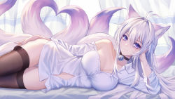 Rule 34 | 1girl, absurdres, animal ears, antenna hair, black thighhighs, choker, closed mouth, collared shirt, fox ears, fox girl, fox tail, head rest, heart, highres, kirby d a, long hair, looking at viewer, lying, multiple tails, naked shirt, navel, neck bell, off shoulder, on side, original, photoshop (medium), purple eyes, purple hair, revision, shirt, smile, tail, thighhighs, white shirt