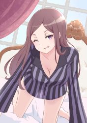 Rule 34 | 1girl, all fours, bed, blush, breasts, brown hair, cleavage, collarbone, curtains, dorothy (princess principal), highres, large breasts, long hair, looking at viewer, on bed, one eye closed, pajamas, princess principal, purple eyes, red curtains, smile, solo, striped clothes, striped pajamas, tongue, tongue out, waon (waon oekk), window