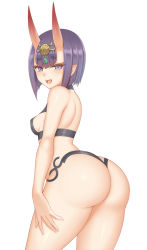 Rule 34 | 1girl, ass, back, bare shoulders, blush, bob cut, breasts, eyeliner, fangs, fate/grand order, fate (series), headpiece, horns, lang (chikage36), looking at viewer, looking back, makeup, oni, open mouth, pointy ears, purple eyes, purple hair, revealing clothes, short hair, shuten douji (fate), simple background, skin-covered horns, small breasts, smile, thick thighs, thighs, white background