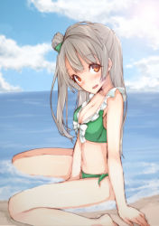 Rule 34 | 10s, 1girl, absurdres, arm support, barefoot, beach, bikini, breasts, brown eyes, cleavage, cloud, day, frilled bikini, frills, front-tie top, green bikini, grey hair, highres, long hair, looking at viewer, love live!, love live! school idol project, mikazuchi zeus, minami kotori, outdoors, parted lips, shiny skin, side-tie bikini bottom, sitting, sky, small breasts, strap gap, swimsuit, topknot, wariza