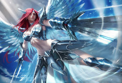 Rule 34 | 1girl, angel wings, armor, armored boots, banned artist, bikini armor, boots, breasts, cleavage, closed mouth, commentary, dual wielding, english commentary, erza scarlet, fairy tail, fantasy, feathered wings, from below, gauntlets, greatsword, holding, holding sword, holding weapon, long hair, medium breasts, navel, red eyes, red hair, sakimichan, signature, solo, stomach, sword, tattoo, thighs, weapon, wings