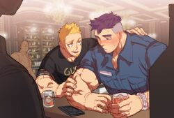 Rule 34 | 4boys, bar (place), bara, blonde hair, blush, collared shirt, comforting, cup, facial hair, from side, goatee stubble, hand on another&#039;s arm, hand on another&#039;s back, highres, holding, holding cup, jewelry, looking at another, male focus, multiple boys, muscular, muscular male, nervous sweating, original, pectoral cleavage, pectorals, purple hair, ring, shirt, short hair, spiked hair, stubble, sweat, sweatdrop, thick arms, thick eyebrows, ttn (239 239), undercut, worried, yaoi
