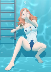 Rule 34 | absurdres, air bubble, annette fantine dominic, asphyxiation, bubble, clock, commission, drowning, feet, fire emblem, fire emblem: three houses, highres, holding breath, long hair, megagogoman, nintendo, one-piece swimsuit, one eye closed, orange hair, pixiv commission, pool, swimsuit, thighs, underwater, white one-piece swimsuit