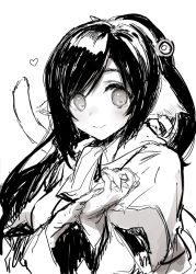 Rule 34 | 1girl, animal ears, aquaplus, black hair, blush, cat tail, closed mouth, greyscale, hair ornament, kuon (utawarerumono), long hair, long sleeves, looking at viewer, monochrome, official art, own hands together, ponytail, sidelocks, sketch, smile, solo, swept bangs, tail, tatami to hinoki, upper body, utawarerumono, utawarerumono: itsuwari no kamen, very long hair