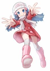 Rule 34 | 1girl, beanie, blue eyes, blush, boots, closed mouth, coat, commentary request, creatures (company), dawn (pokemon), eyelashes, from below, game freak, gluteal fold, hair ornament, hairclip, hat, long hair, long sleeves, low angle view, nintendo, ossannoa, outstretched arms, over-kneehighs, pink footwear, pokemon, pokemon dppt, pokemon platinum, red coat, scarf, sidelocks, smile, solo, thighhighs, upskirt, white hat, white scarf, white thighhighs