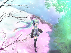 Rule 34 | bad id, bad pixiv id, detached sleeves, green hair, hatsune miku, long hair, petals, skirt, solo, tahya, thighhighs, tree, twintails, vocaloid